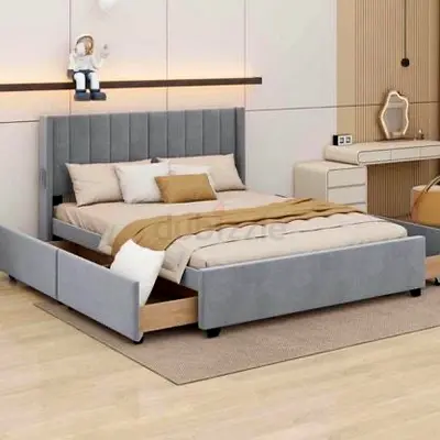 Stylish Grey Bed with Storage Drawers