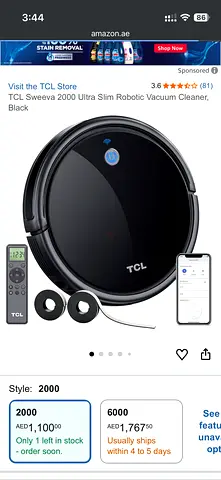 TCL Sweeva 2000 Ultra Slim Robotic Vacuum Cleaner, Black