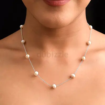 White Freshwater Pearl Station Necklace 18 Inches in Sterling Silver