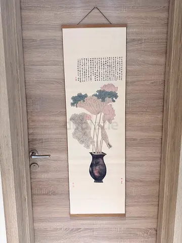 Traditional Chinese Scroll Painting with Flowers and Vase, hard wood frame