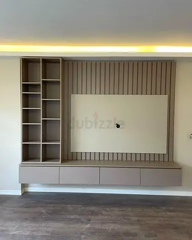 Stylish Beige Entertainment Center with Shelving