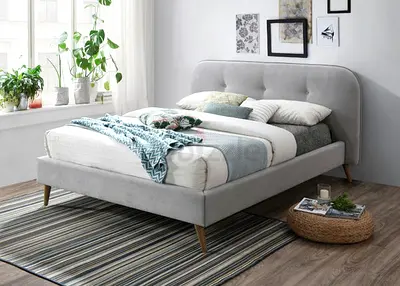 Light gray large headboard queen bed frame