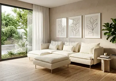 1. Modern 3-seater sofa with a large matching ottoman, designed for comfort and style. Perfect for r