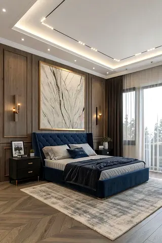 Stylish Blue Upholstered Bed with Nightstands