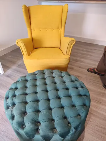 Vintage Yellow Wingback Chair and Velvet Ottoman