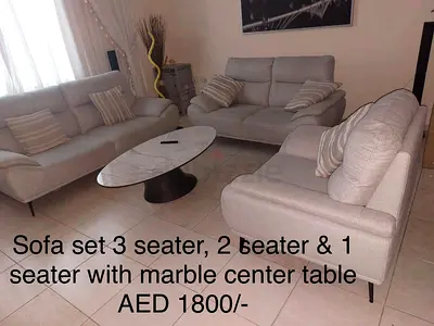 Stylish Gray Sofa Set with Marble Center Table
