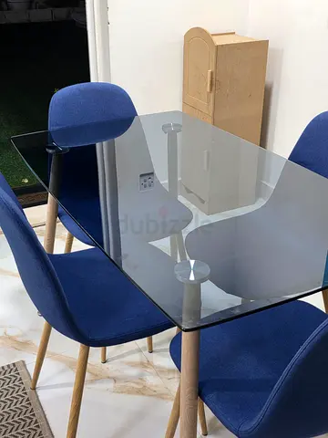 Modern Glass Dining Table with Blue Chairs for 4 people