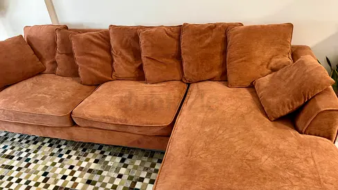 Comfortable L-Shaped Sofa in Soft Brown Fabric
