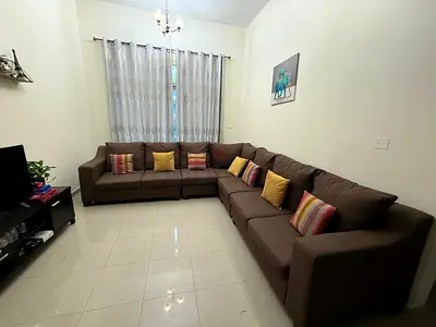 7 seater IKEA brown cloth sofa with pillows