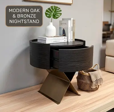 Pair of Luxury 50cm Round Drum Side Tables Dark Wood  Sculptural X-Base