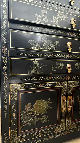 Elegant Vintage Black Chinese Cabinet with Floral Design