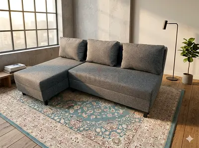 Modern Minimal Style Dark grey fabric upholstery. Clean, simple Scandinavian design similar to IKEA