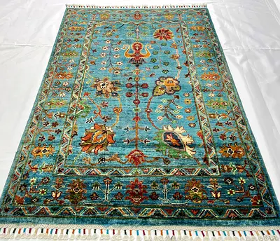 104 x 150 - Handmade Blue Floral Sultani Design Wool Carpet