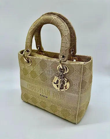 Dior D-Lite gold embroidered medium top handle handbag (strap  store receipt)