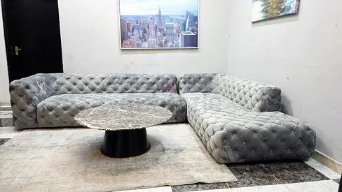 Stylish Grey Sectional Sofa with Coffee Table