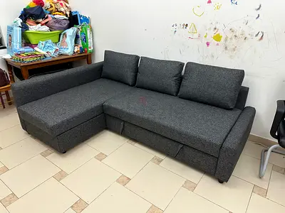 Hexagon L-Shape Sofa Bed Grey color fabric Left  Right side fitting Storage box under seat Modern d