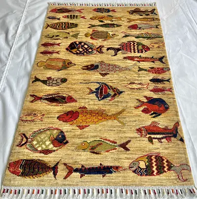 82 x 123 cm - Handmade Fish Party Wool Carpet Double Knot