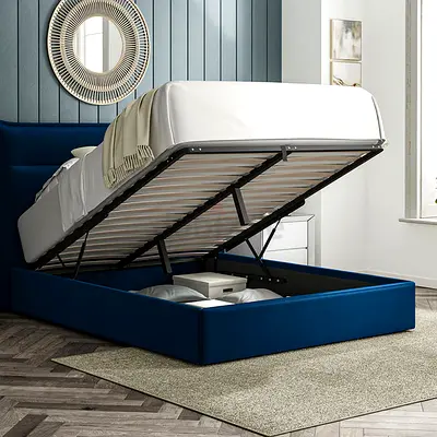 Dark blue velvet cushion headboard king storage bed