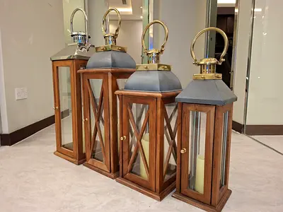 Set of Large Wooden Floor Lanterns with Glass Panels
