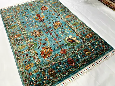 104 x 150 - Handmade Blue Floral Sultani Design Wool Carpet