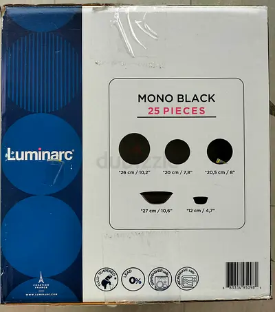 LUMINARC ARCOPAL ZELIE BLACK GLASS DINNERWARE, SET OF 25, 6 PEOPLE, BLACK