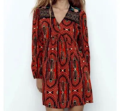 ZARA Red Boho Tunic Dress Embroidered Velvet Shoulders Empire Waist Fest Size S