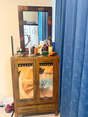 Wooden 2-door cabinet with decorative panels and mirror