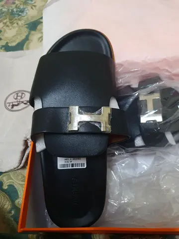 Hermes Black leather H-buckle slides - unworn