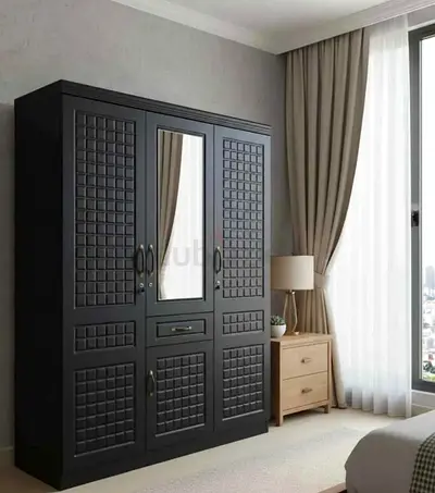 Stylish Black Wardrobe with Mirror