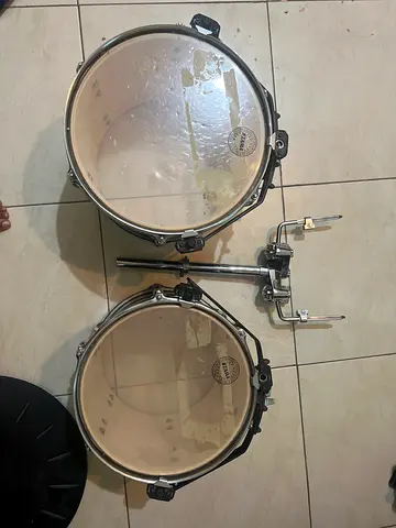 Pair of tama Tom Drums with start cast Mounting Bracket with tama omni sphere double tom holder