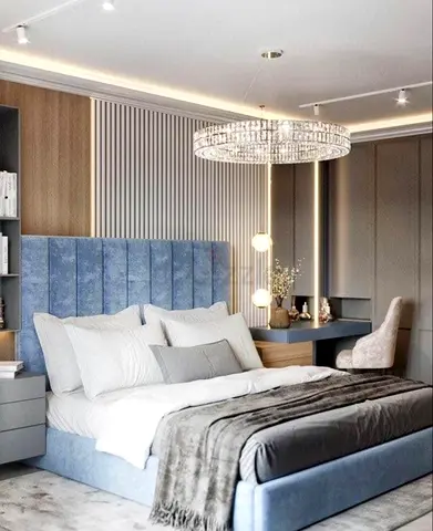Stylish Blue Bed with Elegant Lighting