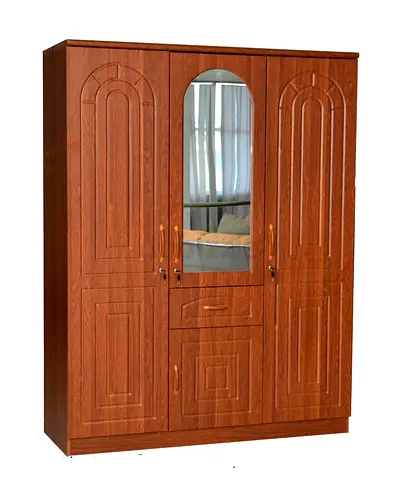 Modern 3 Door Wooden Wardrobe with Mirror  Drawer – Oak Finish Bedroom Storage Cabinet