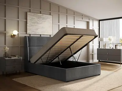 Gray linen cushion winged twin storage bed