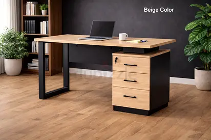 Beige Wooden Office Workstation Desk with Lockable Drawer  Cable Management for Home  Office