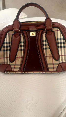 Beige check pattern top-handle handbag with brown leather trim