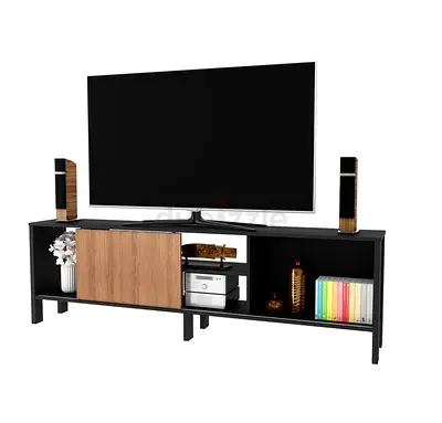 Black TV Stand with Wooden Sliding Door — Low Entertainment Unit