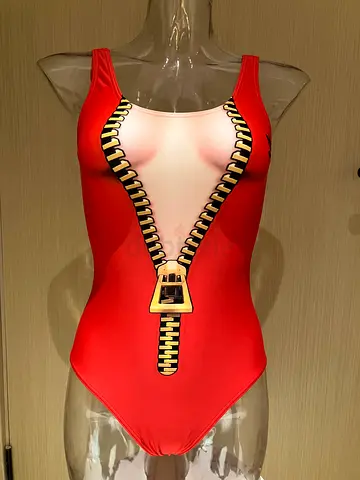 Adidas crossover with artist Jeremy Scott, Creative Swimsuit with Zipper $%!#, size xs