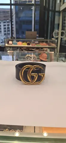 Black leather double-G belt with gold buckle (Gucci-style)