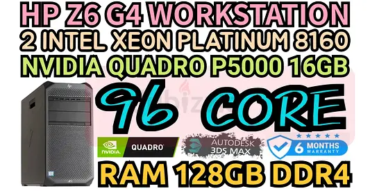 96 CORE HP Z6 G4 WORKSTATION 2 INTEL XEON 8160 PLATINUM RAM 128GB DDR4 NVIDIA QUADRO P5000 16GB DDR5