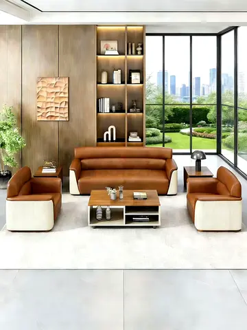 Brown leather 3-seater sofa set with 2 armchairs and