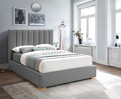 Queen linen upholstered bed with gold legs