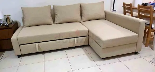 Beige L-shaped sectional sofa bed with storage (right chaise)
