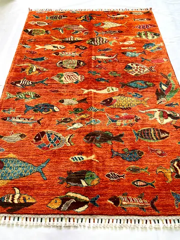 123 x 181 cm Handmade Orange Fish Party Wool Carpet Double Knot