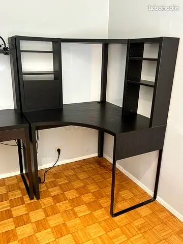 My corner computer desk with built-in shelves - dark brown
