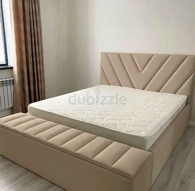 Beige Upholstered Bed Frame with Mattress and Matching bench