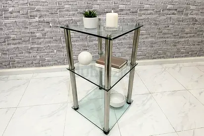 Glass 3-Tier Side Table / Display Shelf with Metal Posts