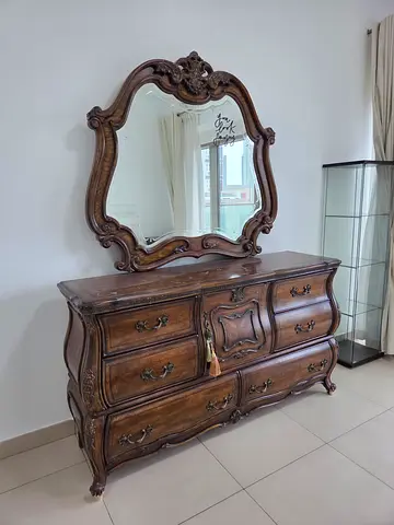 Ornate Carved Wooden Dresser with Matching Mirror and 2 nightstands - Good Condition
