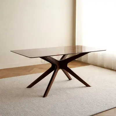 Modern Ceramic-Top Dining Table with Sculptural Walnut Star Base