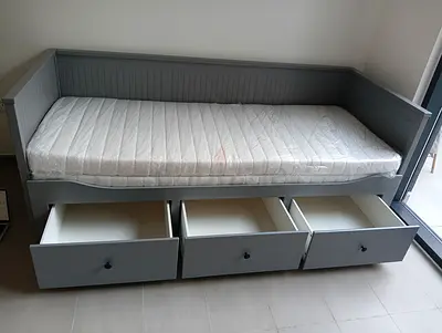 IKEA hamnes Grey day bed with 3 big storage drawers underneath and with 2 IKEA mattresses