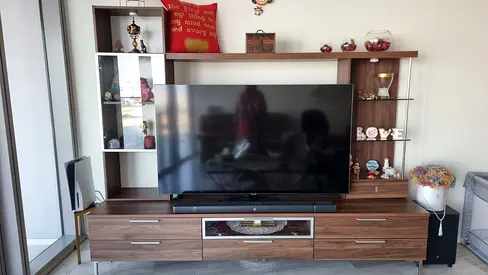 Wooden TV Entertainment Unit with Glass Shelves and Drawers